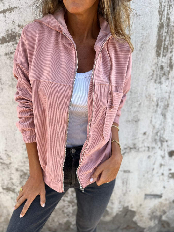 Women's casual hooded zip-up jacket, versatile and comfortable, featuring a zipper closure and a stylish design for women.
