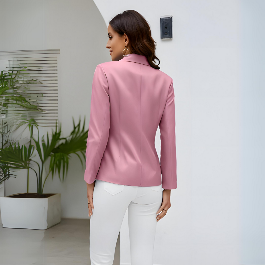Women's classic lapel blazer with gold buttons, all-season style, chic silhouette, long sleeves, elegant solid pattern.