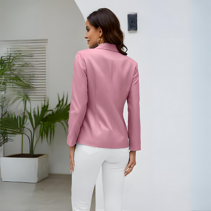 Women's classic lapel blazer with gold buttons, all-season style, chic silhouette, long sleeves, elegant solid pattern.