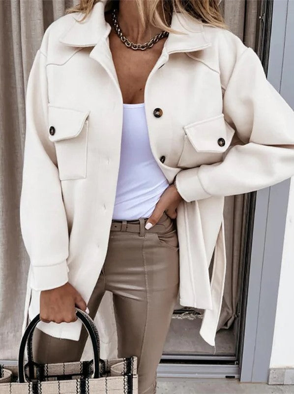 Women's cotton casual jacket with a sleek, elegant cut; versatile for work or outings; available in beige, black, and blue.