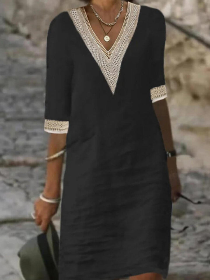 Women's cotton-linen casual V-neck dress, lightweight fabric, breathable for warm weather, relaxed fit, versatile style.