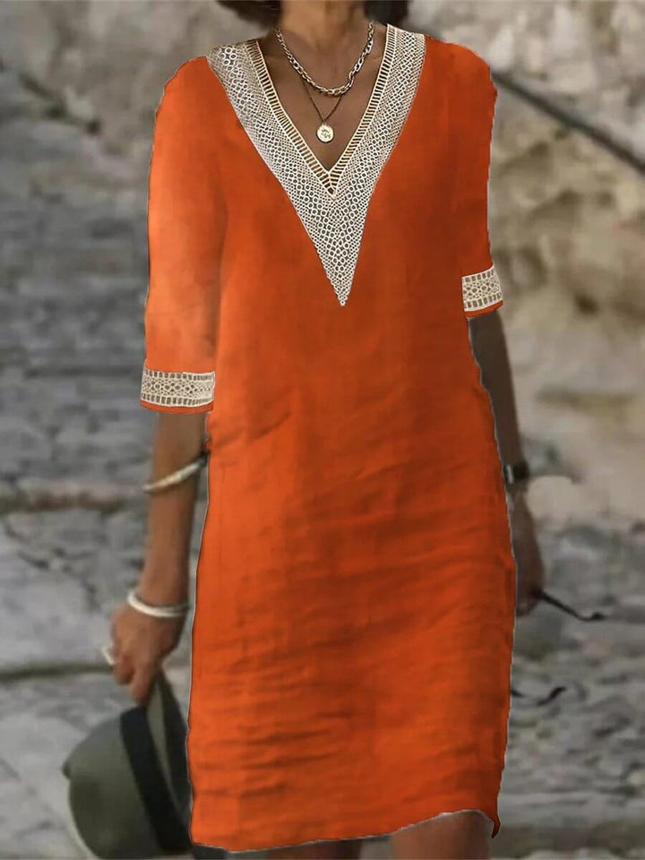 Women's cotton-linen casual V-neck dress, lightweight fabric, breathable for warm weather, relaxed fit, versatile style.