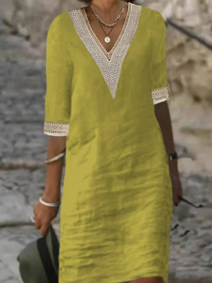 Women's cotton-linen casual V-neck dress, lightweight fabric, breathable for warm weather, relaxed fit, versatile style.