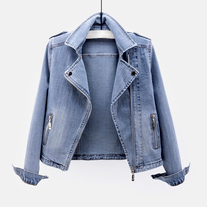 Women's classic navy blue denim jacket with button closure, pockets, and tailored fit.