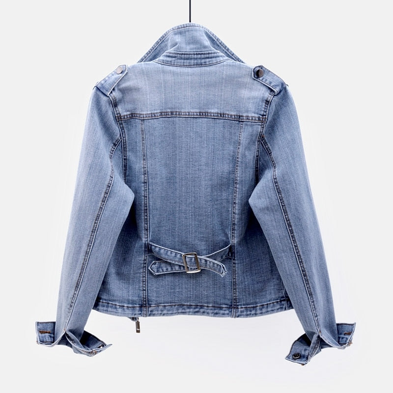 Women's casual light blue denim jacket, front view, showing button closure and pockets.