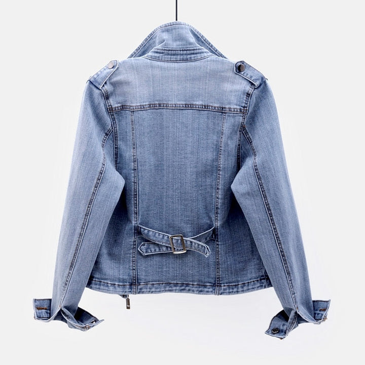 Women's casual light blue denim jacket, front view, showing button closure and pockets.