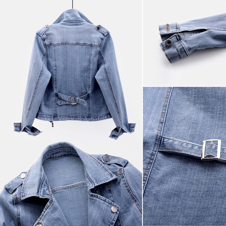 Back view of a women's classic denim jacket in navy blue.