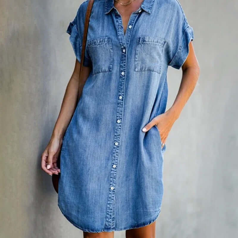 Women's denim shirt dress, short sleeves, button-down front, knee-length, relaxed fit, perfect for casual elegance.