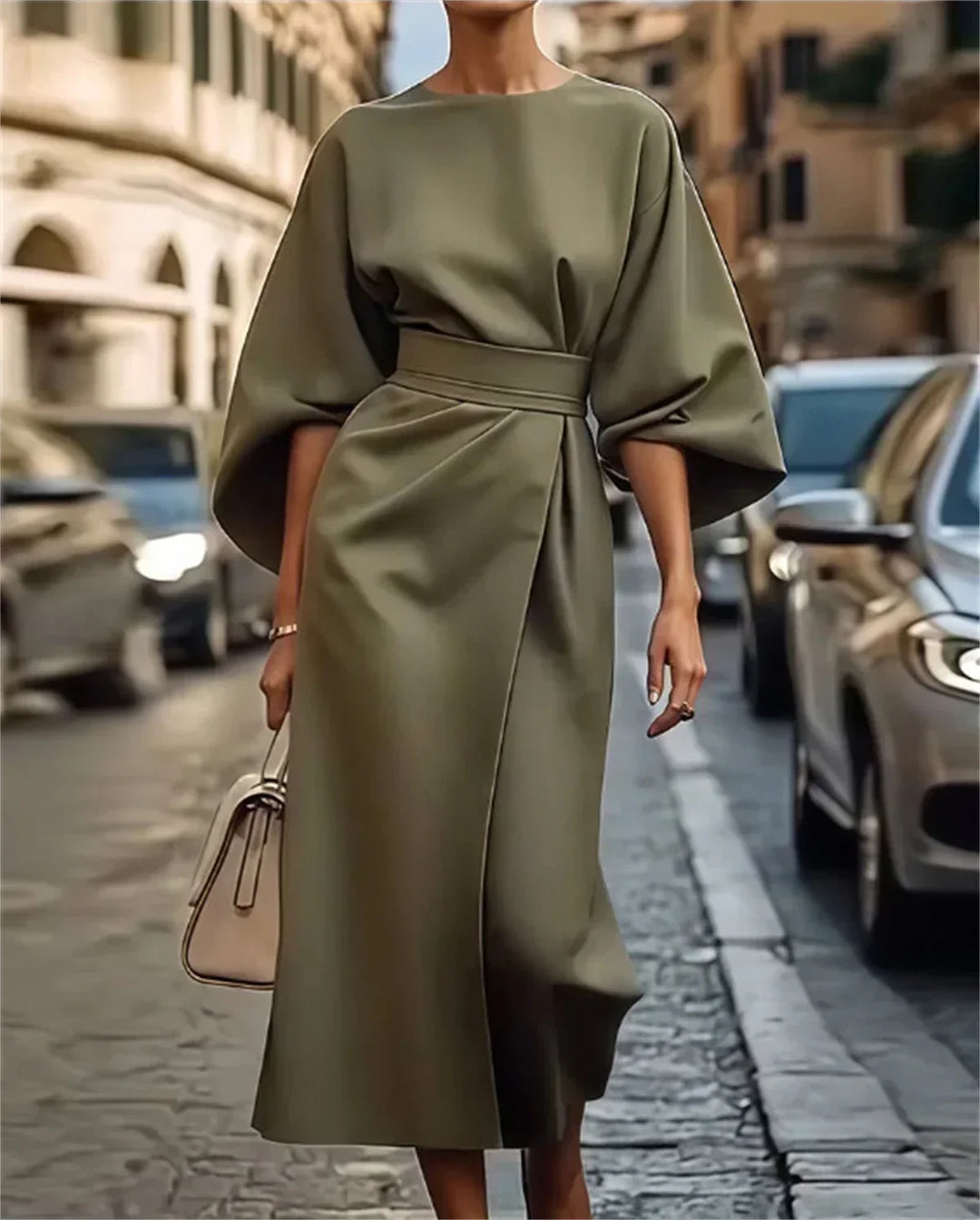"Women's Elegant A-Line Midi Dress with Belt and Bell Sleeves, Navy Blue"