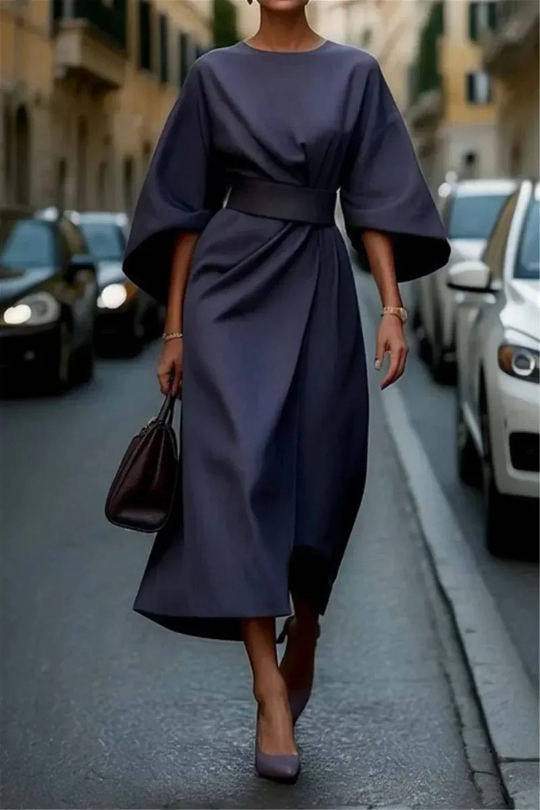 "Women's Elegant A-Line Midi Dress with Belt and Bell Sleeves, Navy Blue"