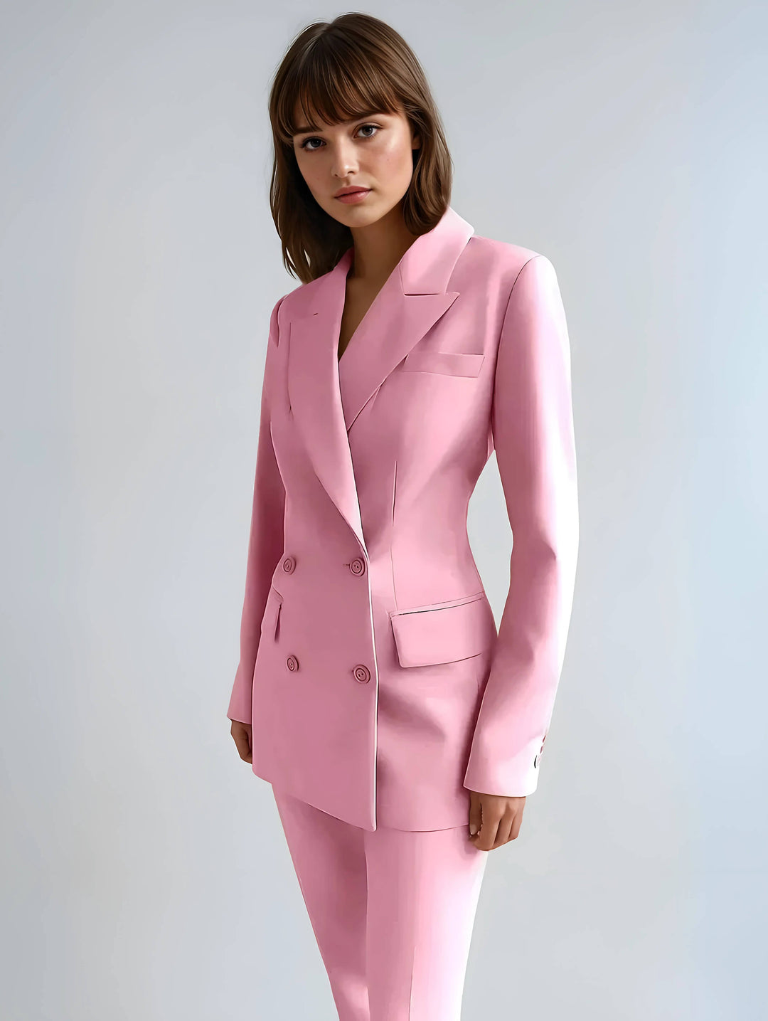 "Womens elegant blazer and trousers set in tailored fit, showcasing sleek silhouette and high-quality fabric for chic style."