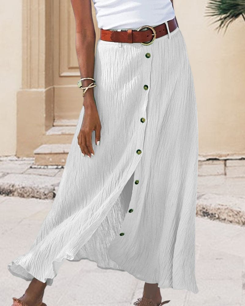 Women's elegant button-front maxi skirt, flowy design, high-rise waist, perfect for spring and summer, chic and stylish.