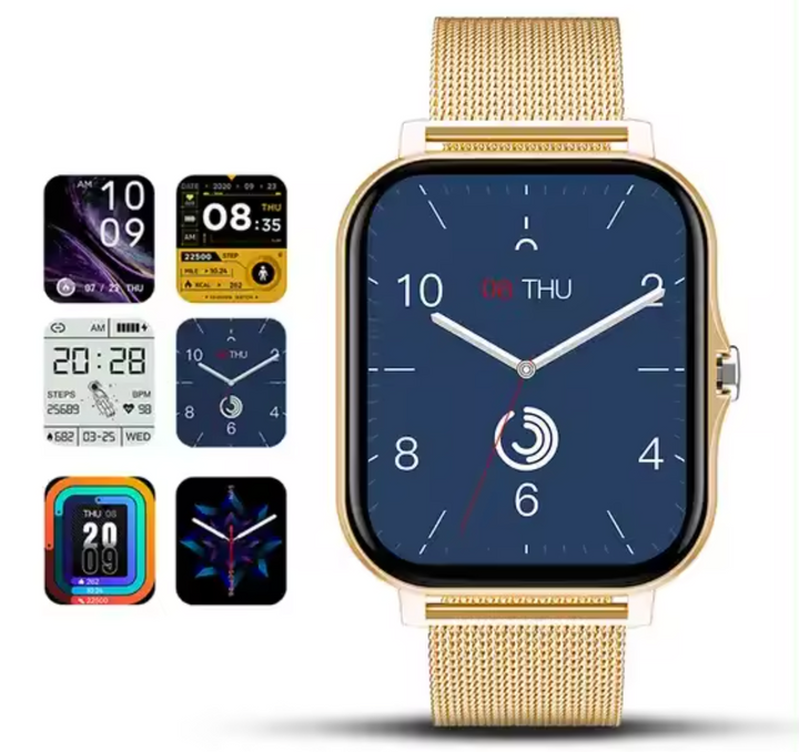 Women's elegant fitness tracker smartwatch, slim and stylish, displaying wellness features on a sleek touch screen.