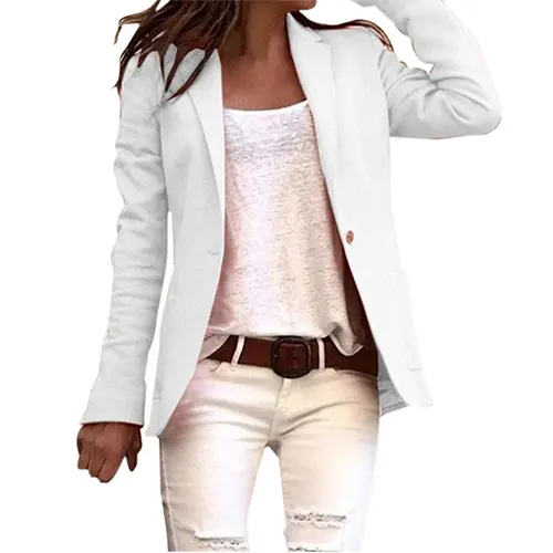 "Women's Kendra blazer with long sleeves, classic lapel collar, tailored fit, and button closure for a polished office look."