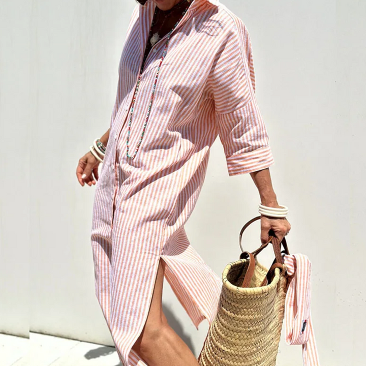 "Women's striped linen shirt dress, relaxed fit, front view, showcasing button-down design with breathable fabric and elegant