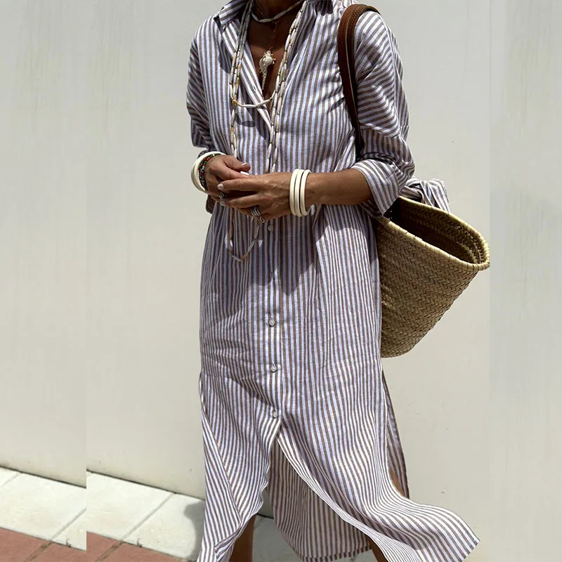 "Women's striped linen shirt dress, relaxed fit, front view, showcasing button-down design with breathable fabric and elegant