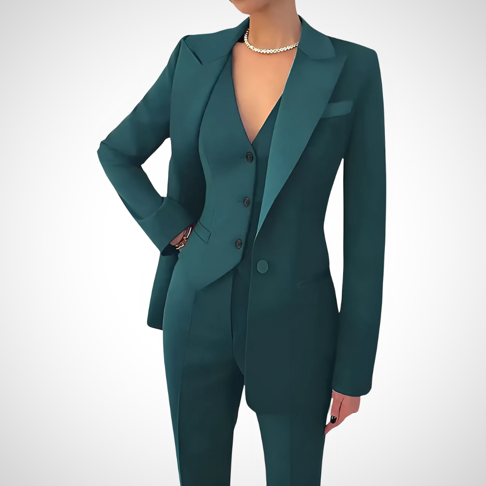 "Women's tailored three-piece suit, elegant blazer, vest, and pants, available in black, red, green, and gray."