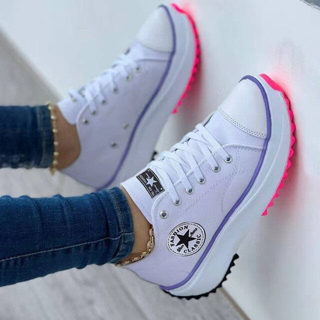"Women's white chunky sole low-top sneakers, casual style with lace-up closure for modern comfort and versatile wear."