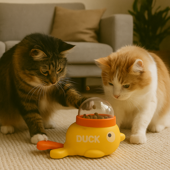 Yellow duck-shaped interactive puzzle cat feeder, encourages slow eating and mental stimulation, durable ABS material.
