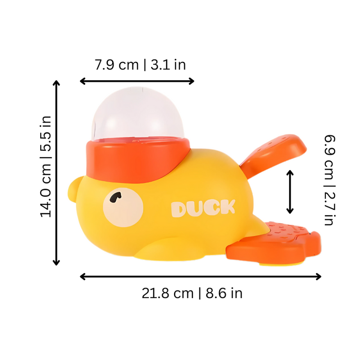 Yellow duck-shaped interactive puzzle cat feeder, encourages slow eating and mental stimulation, durable ABS material.